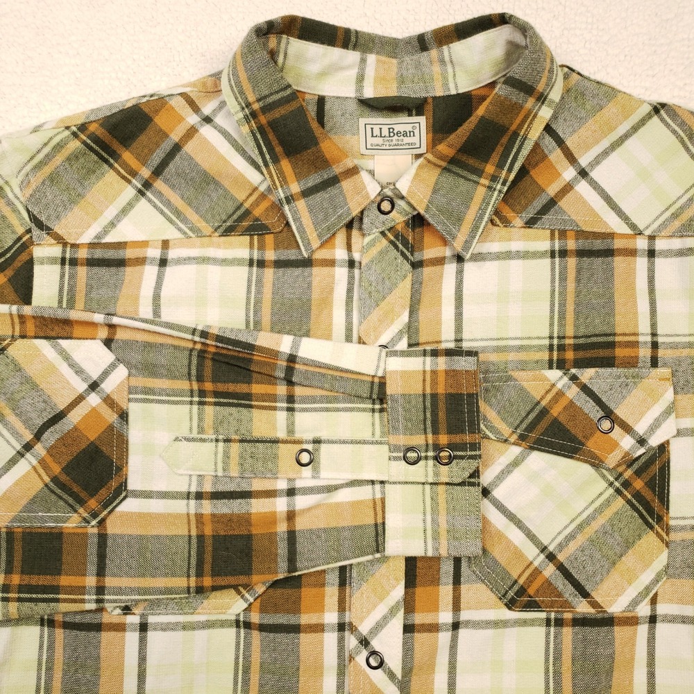LL Bean KatahdinFlannel Shirt Mens XL-Reg Green Orange Plaid Elbow Patch Snap